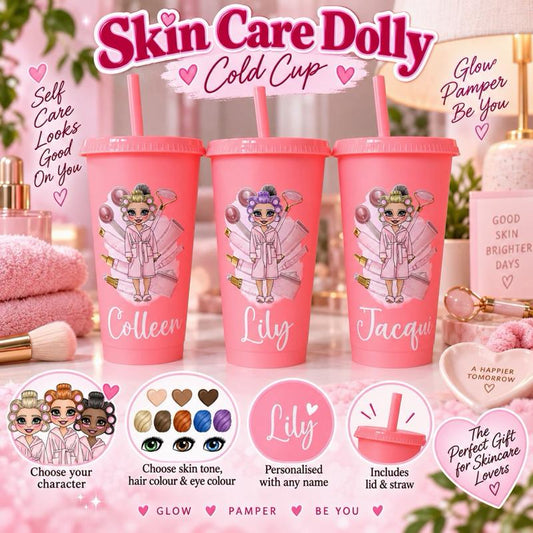 Personalised Skin Care Girl Cold Cups - 16oz and 24oz cups - choose skin tone hair and eye colour - Me And You You And Me Co 