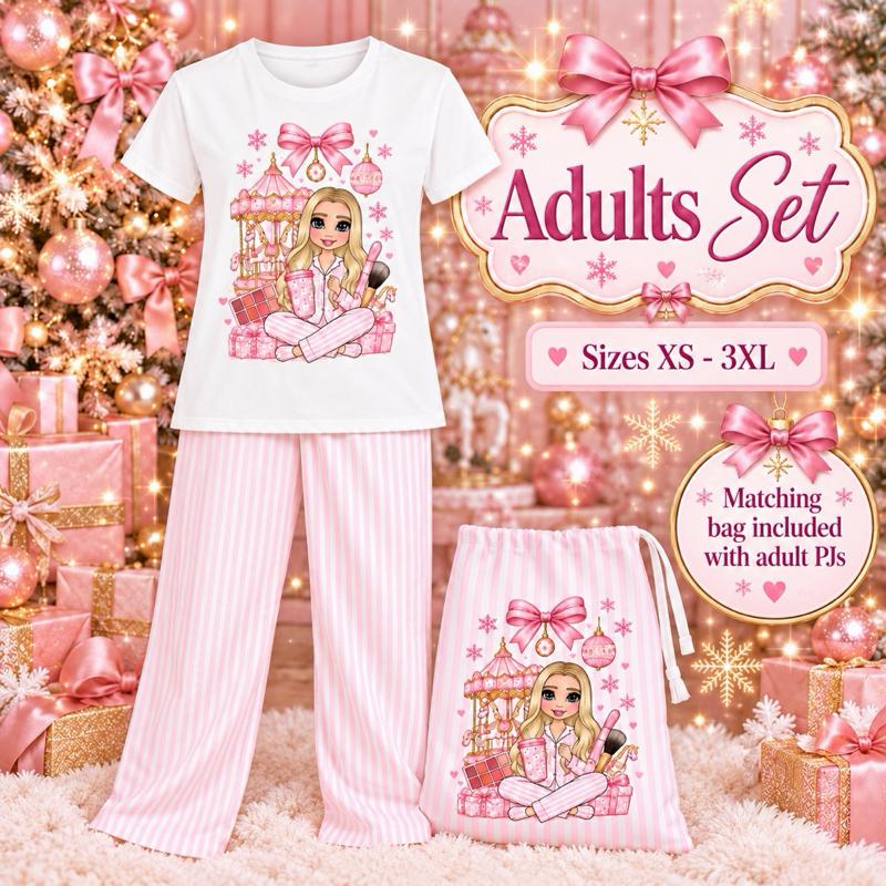 Matching Christmas PJs Make Up Carousel Adults XS-3XL Kids 3-14 Years Pink Striped Set with Bag - choose skin tone, hair and eye colour - Me And You You And Me Co 
