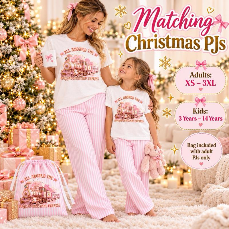 Matching Christmas PJs All Aboard The Magical Christmas Express Adults XS-3XL Kids 3-14 Years Pink Striped Set with Bag - Me And You You And Me Co 