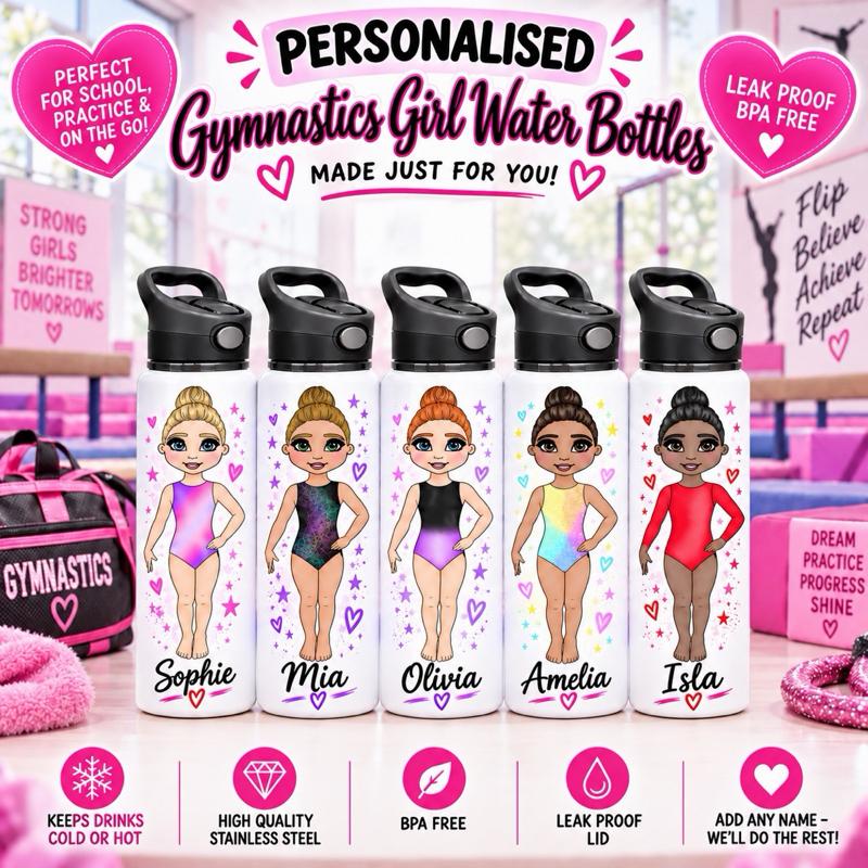 Personalised Gymnastics Water Bottle - Aluminium, 650ml Capacity - Choose leotard colour, Hair, Eye and Skin Details - Drinkware