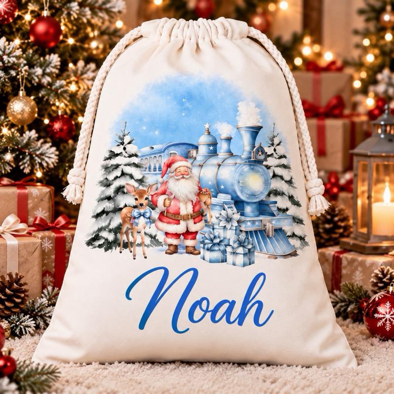 Personalised Christmas Large Santa Train Sacks 49 x 67cm Choose from 3 Designs blue red or pink - Me And You You And Me Co 