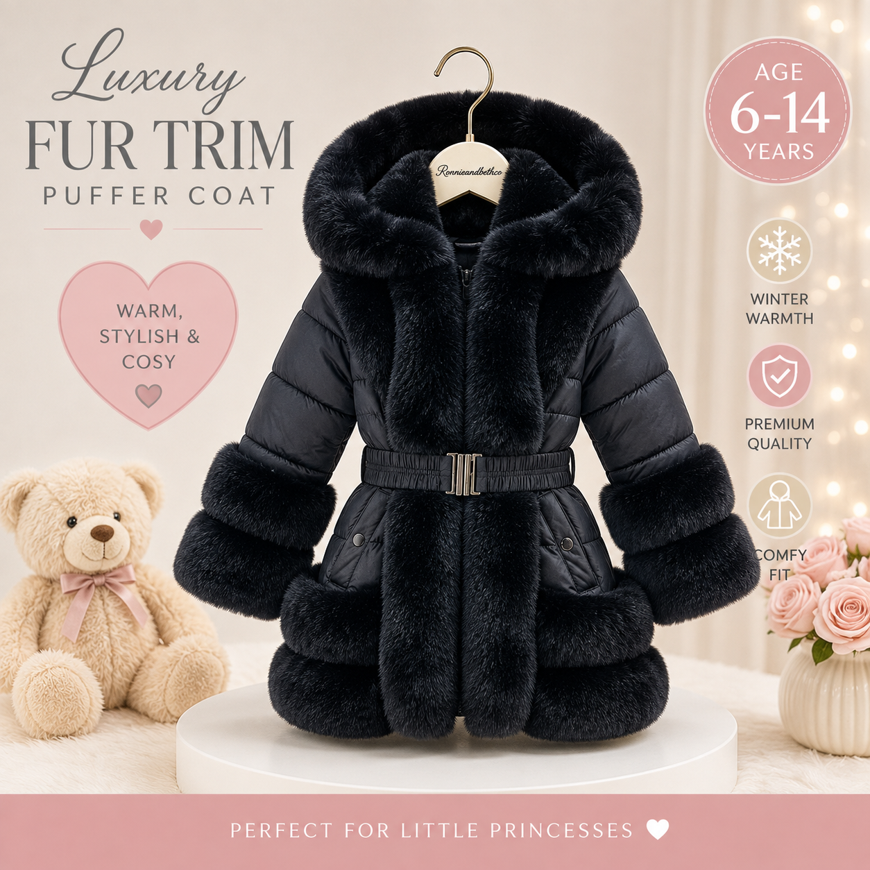 Black Faux Fur Padded Kids Coat - Stylish & Cozy Winter Wear with Pockets for Infants to Juniors