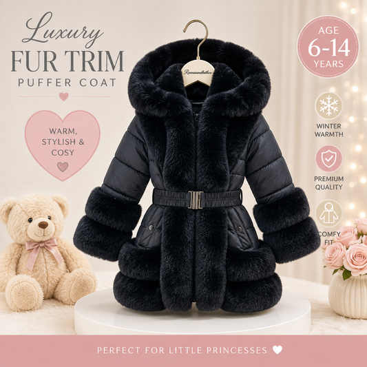 Black Faux Fur Padded Kids Coat - Stylish & Cozy Winter Wear with Pockets for Infants to Juniors