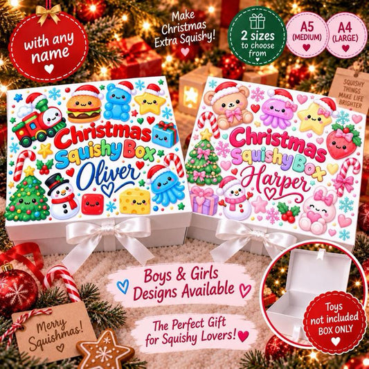 Personalised Christmas Squishy Magnetic Ribbon Gift box - medium and large sizes - 2 designs to choose from