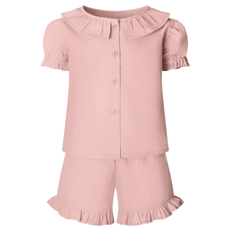 Embroidered Linen T-Shirt & Short Frill Sets