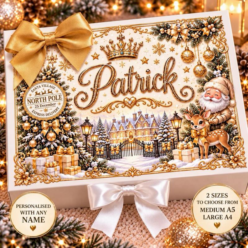 Personalised Luxury Christmas Gift Box – Gold North Pole Design – Custom Name – Christmas Eve Box – Medium A5 or Large A4 - Me And You You And Me Co 