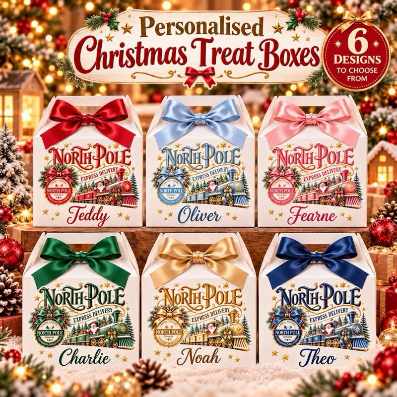 Personalised Christmas North Pole Snow Treat Box - choose from pink blue green red or gold designs - Me And You You And Me Co 