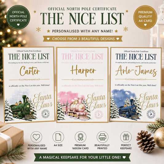 Personalised Nice List Certificates - Train Design, Official North Pole Approved, choose 3 train designs - Me And You You And Me Co 