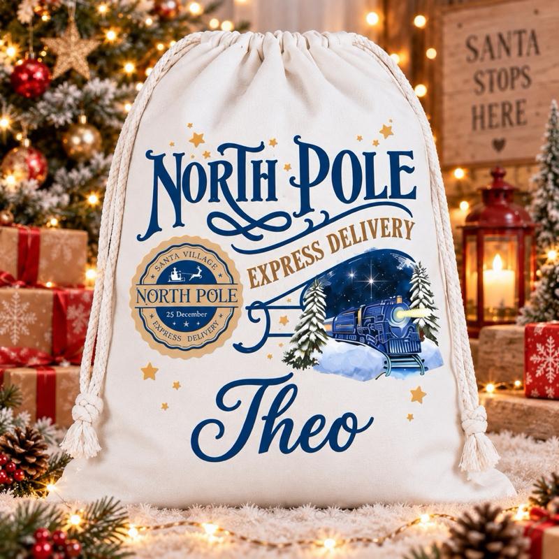 Personalised Christmas Large North Pole Sacks 49 x 67cm Choose from 5 Designs blue red green gold or pink - Me And You You And Me Co 