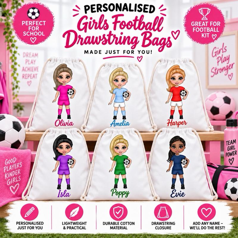 Personalised Football Gorl Drawstring Bag - Choose kit colour, skin tone, hair and eye colour - Me And You You And Me Co 