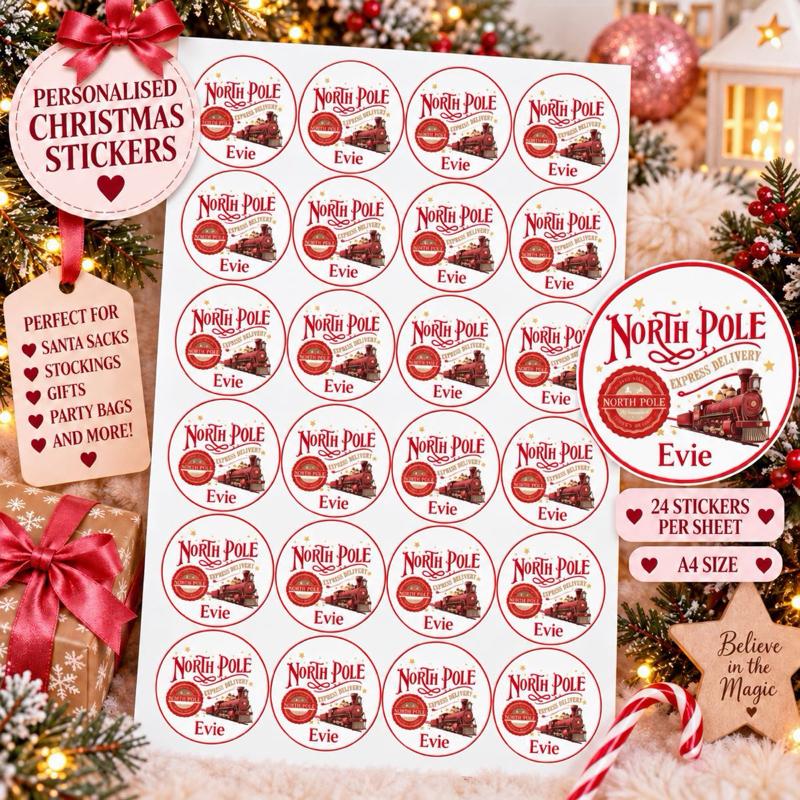 Personalised Christmas North Pole Express Stickers - choose from pink blue gold red and green designs - Me And You You And Me Co 