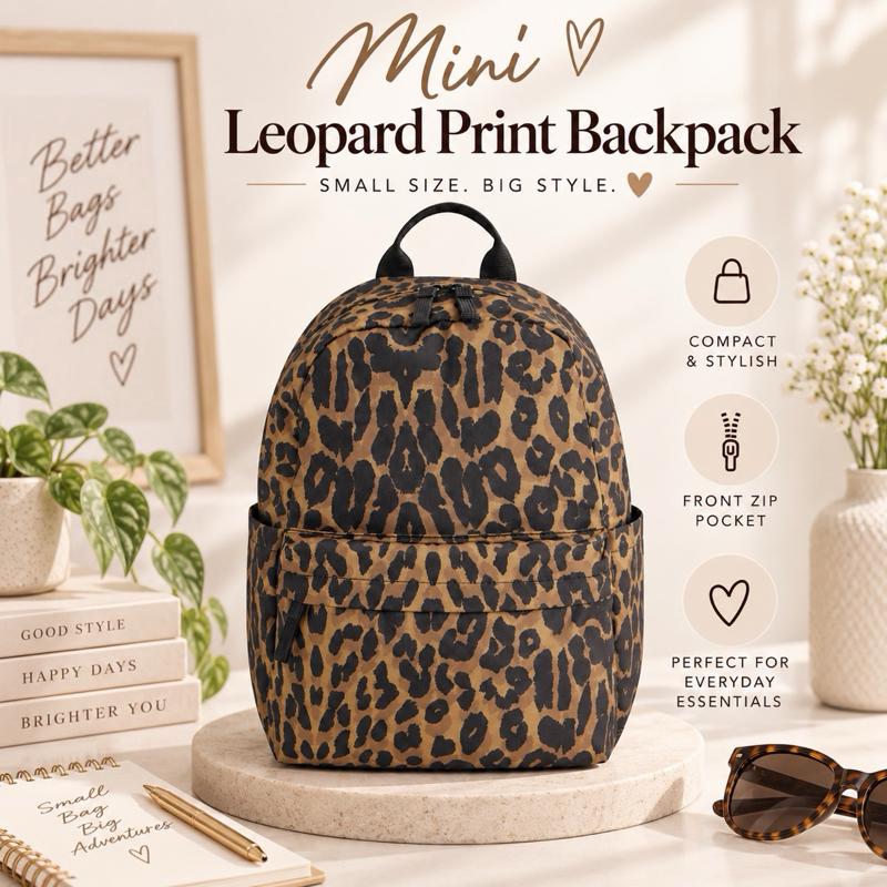 Leopard Print Mini backpack - side pockets - laptop slip pocket