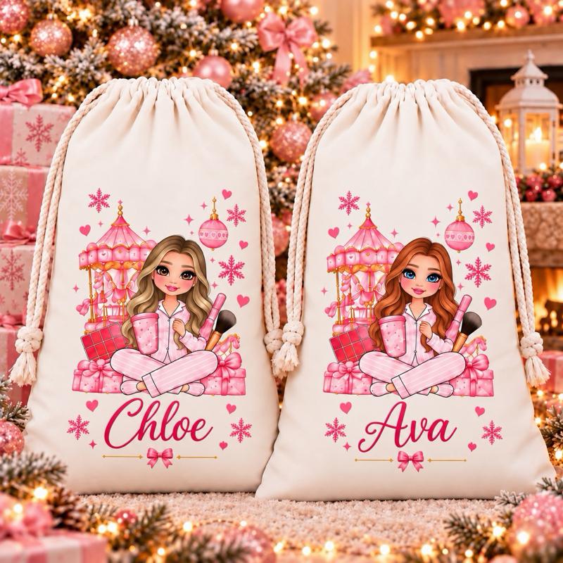 Personalised Christmas Large Make Uo Carousel Sacks 49 x 67cm Choose from 3 Designs blue red or pink - Me And You You And Me Co 