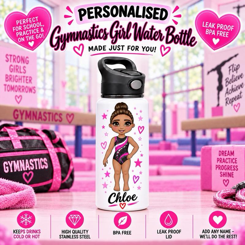 Personalised Gymnastics Water Bottle - Aluminium, 650ml Capacity - Choose leotard colour, Hair, Eye and Skin Details - Drinkware