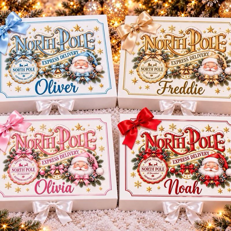 Personalised Christmas North Pole Santa Luxury Magnetic Ribbon Gift box - medium and large sizes - 4 designs to choose from - Me And You You And Me Co 