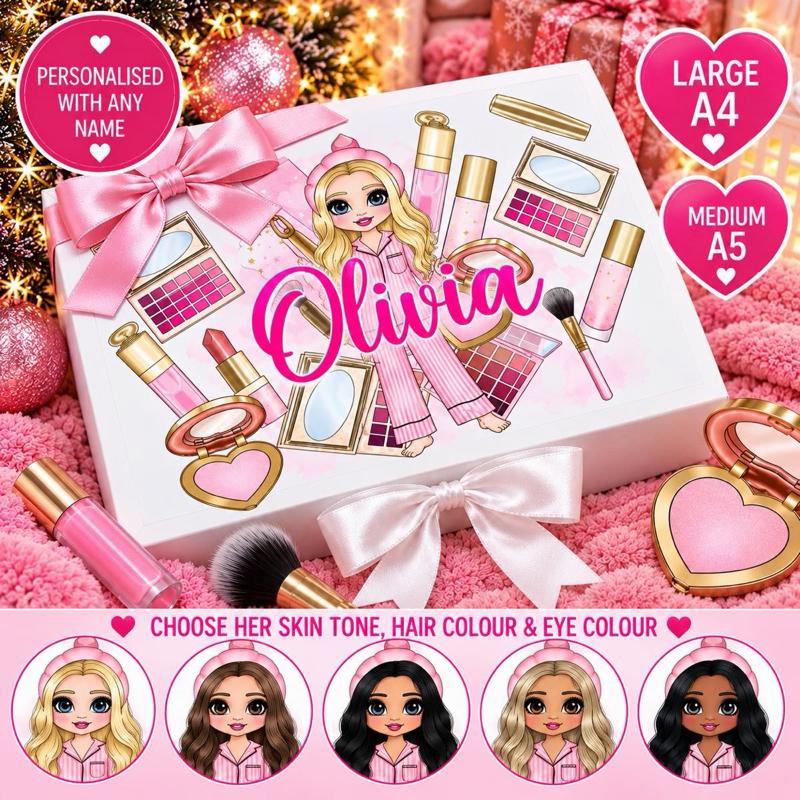 Personalised Pink Make Up Girl Luxury Magnetic Ribbon Gift box - medium and large sizes - choose skin tone, hair and eye colour - Me And You You And Me Co 