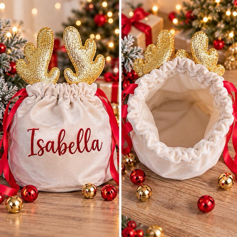 Personalised Reindeer Treat Pouch with Festive Antlers & Red Ribbon Detailing for Christmas Presents & Treats - Me And You You And Me Co 
