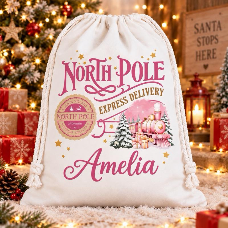 Personalised Christmas Large North Pole Sacks 49 x 67cm Choose from 5 Designs blue red green gold or pink - Me And You You And Me Co 