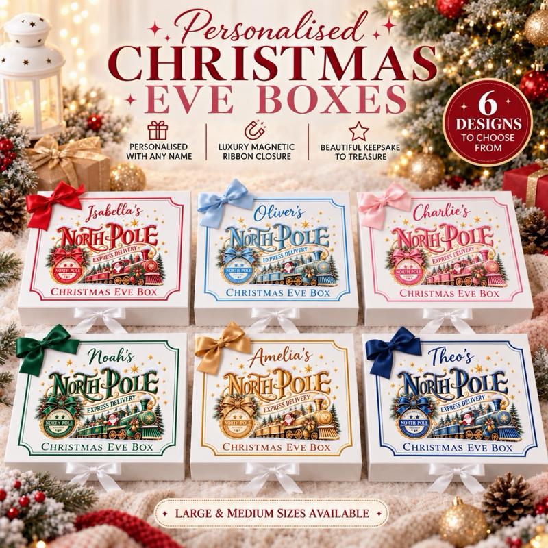 Personalised Christmas North Pole Snow Luxury Magnetic Ribbon Gift box - medium and large sizes - 4 designs to choose from - Me And You You And Me Co 