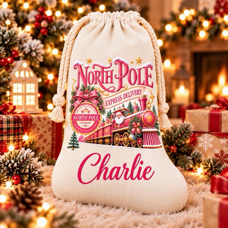Personalised Christmas North Pole Snow Stockings with - choose pink blue green gold or red design - Me And You You And Me Co 