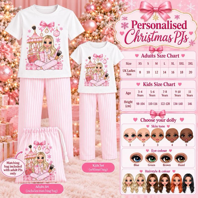 Matching Christmas PJs Make Up Carousel Adults XS-3XL Kids 3-14 Years Pink Striped Set with Bag - choose skin tone, hair and eye colour - Me And You You And Me Co 
