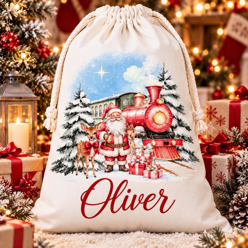 Personalised Christmas Large Santa Train Sacks 49 x 67cm Choose from 3 Designs blue red or pink - Me And You You And Me Co 