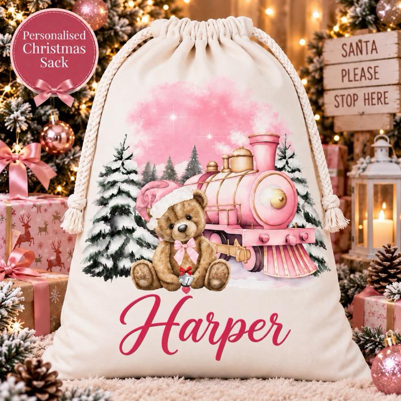 Personalised Christmas Large Bear Sacks 49 x 67cm Choose from 3 Designs blue red or pink - Me And You You And Me Co 
