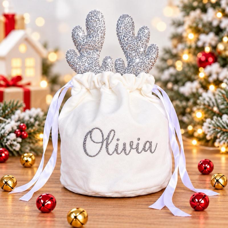 Personalised Reindeer Treat Pouch White and Silver with Festive Antlers & Red Ribbon Detailing for Christmas Presents & Treats - Me And You You And Me Co 