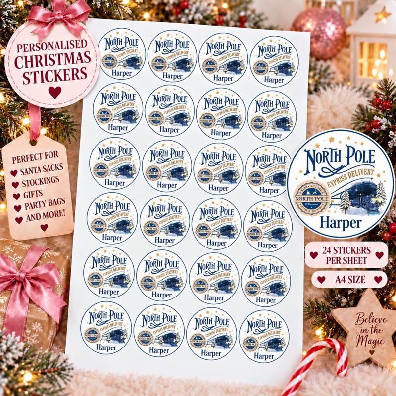 Personalised Christmas North Pole Express Stickers - choose from pink blue gold red and green designs - Me And You You And Me Co 