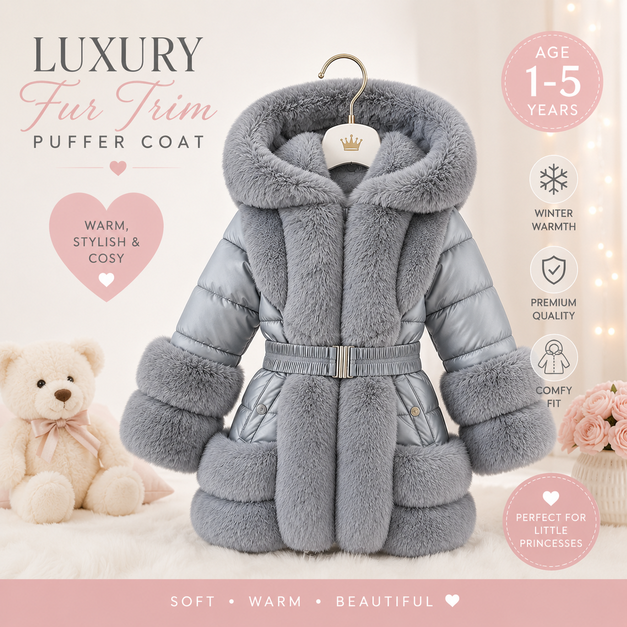 Grey Faux Fur Padded Kids Coat - Stylish & Cozy Winter Wear with Pockets for Infants to Juniors