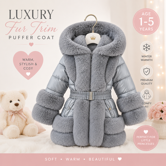 Grey Faux Fur Padded Kids Coat - Stylish & Cozy Winter Wear with Pockets for Infants to Juniors