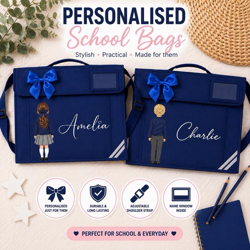 Personalised Book Bags for School Nursery & Everyday in Red Navy Burgundy Royal Blue Bottle Green with Adjustable Shoulder Strap and Name Window Inside - Me And You You And Me Co 