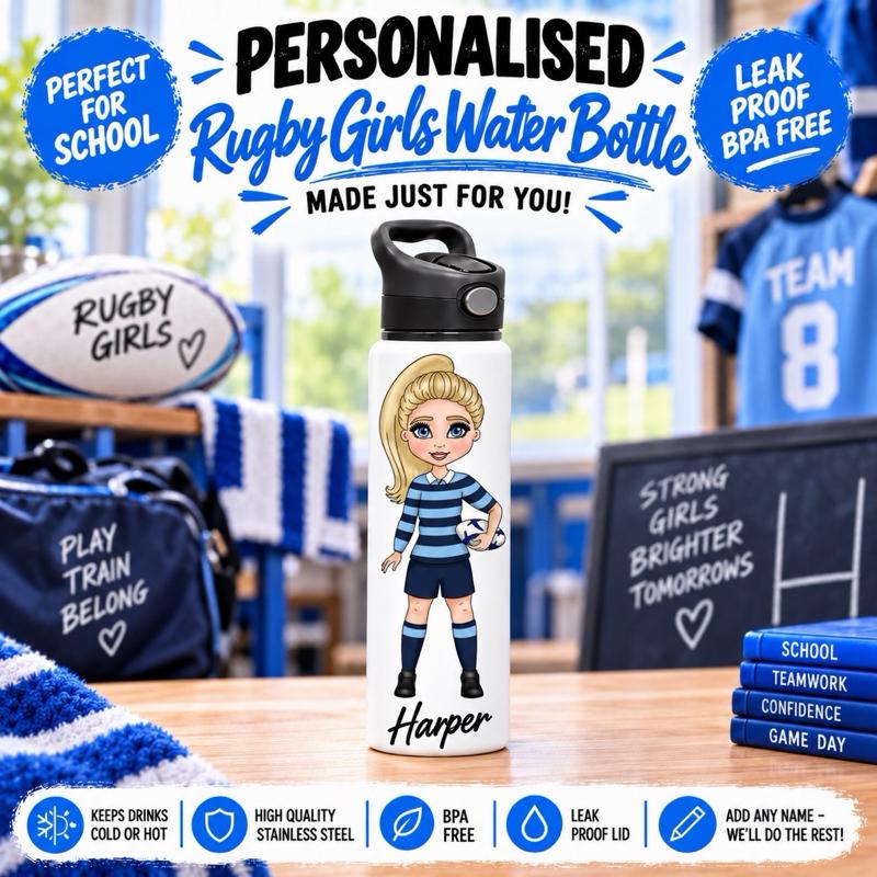 Personalised Rugby Girls Water Bottle - Aluminium, 650ml Capacity - Choose kit colour, Hair, Eye and Skin Details - Drinkware