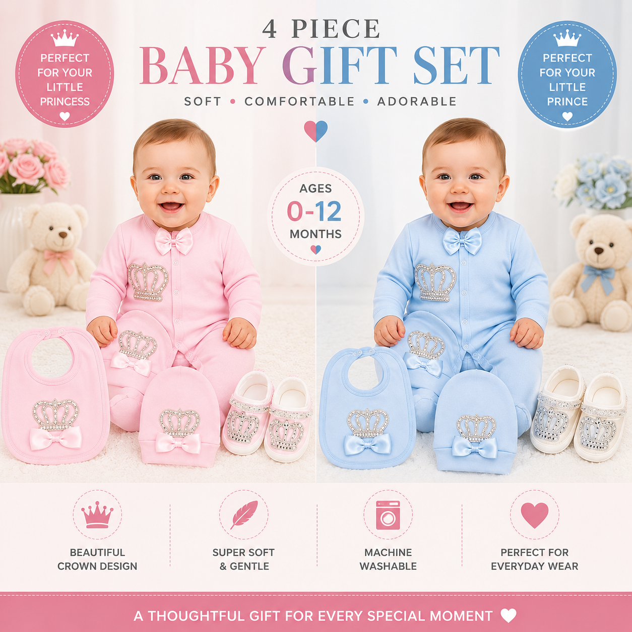 New Born Babies 5 Piece Crown Sets 0-3 Months for Baby Girl and Boy Beautiful Gift Set with Pink and Blue