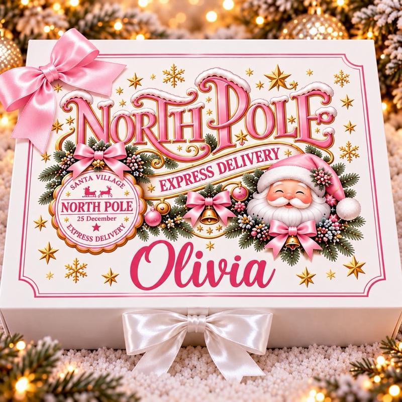 Personalised Christmas North Pole Santa Luxury Magnetic Ribbon Gift box - medium and large sizes - 4 designs to choose from - Me And You You And Me Co 