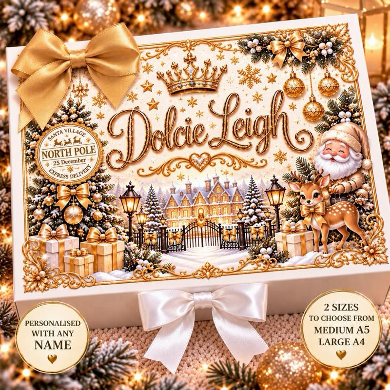 Personalised Luxury Christmas Gift Box – Gold North Pole Design – Custom Name – Christmas Eve Box – Medium A5 or Large A4 - Me And You You And Me Co 