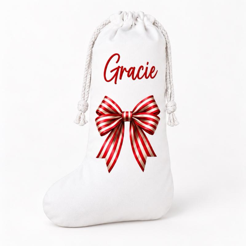 Personalised Christmas Bow Stockings Gingerbread and Santa Designs - green blue gold red pink - Me And You You And Me Co 