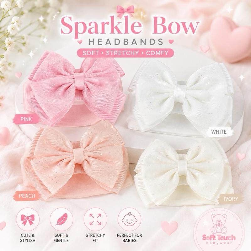 Sparkle Bow Headbands for Babies - Soft Stretchy Comfy in Pink White Peach & Ivory - Cute Stylish & Gentle Fit - Me And You You And Me Co 