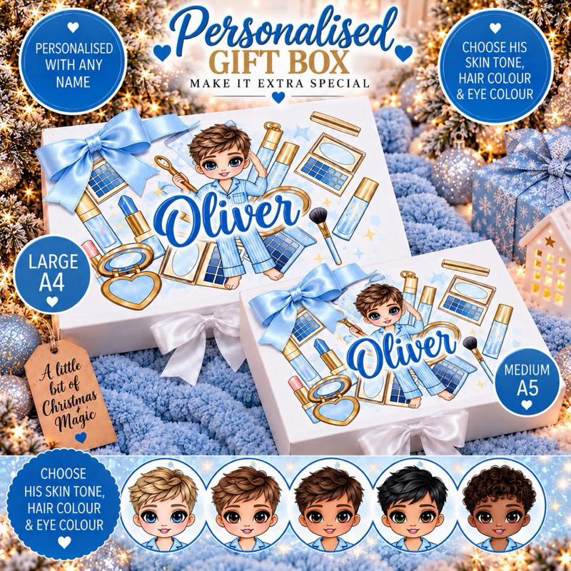 Personalised Blue Make Up Boy Luxury Magnetic Ribbon Gift box - medium and large sizes - choose skin tone, hair and eye colour - Me And You You And Me Co 
