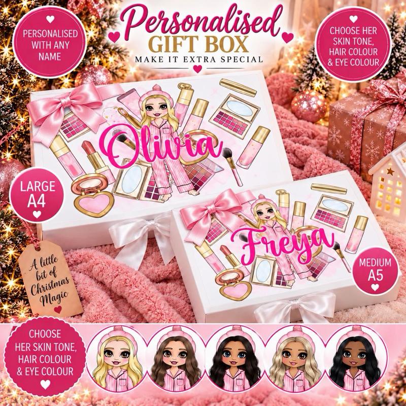 Personalised Pink Make Up Girl Luxury Magnetic Ribbon Gift box - medium and large sizes - choose skin tone, hair and eye colour - Me And You You And Me Co 