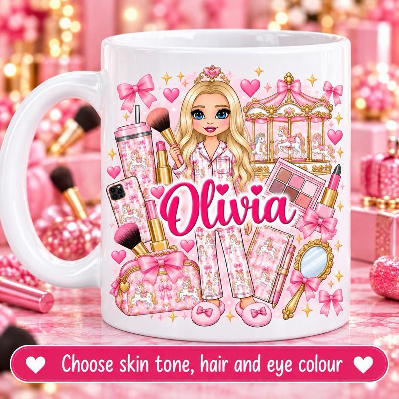 Personalised Pink Carousel Make Up Girl Mug - Choose skin tone, hair and eye colour - Me And You You And Me Co 