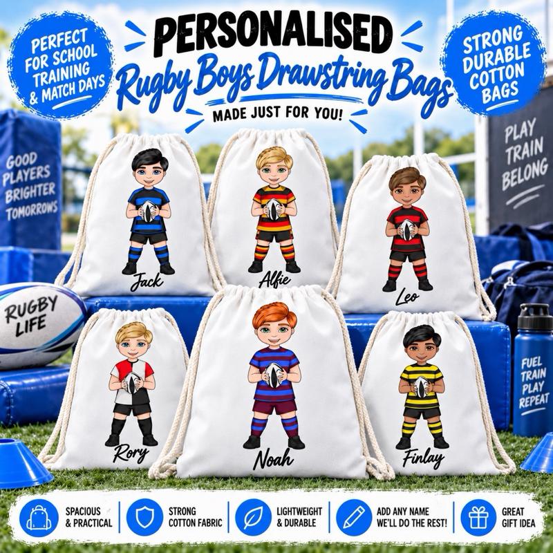 Personalised Rugby Boy Drawstring Bag - Choose kit colour, skin tone, hair and eye colour - Me And You You And Me Co 