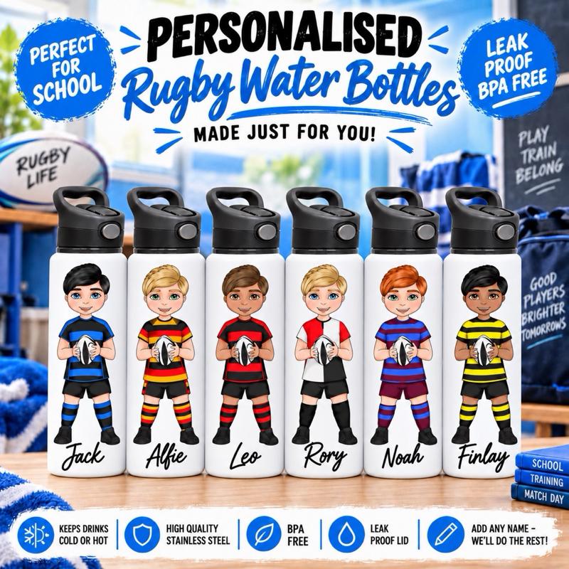 Personalised Rugby Boy Water Bottle - Aluminium, 650ml Capacity - Choose football kit colour, Hair, Eye and Skin Details - Drinkware