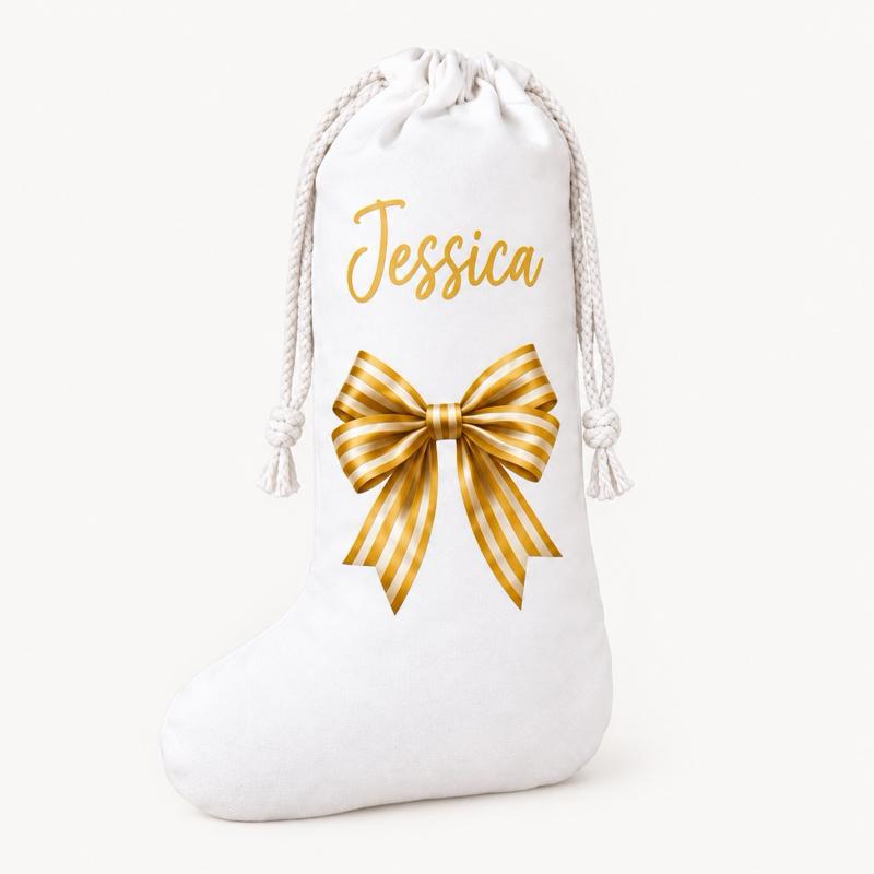 Personalised Christmas Bow Stockings Gingerbread and Santa Designs - green blue gold red pink - Me And You You And Me Co 