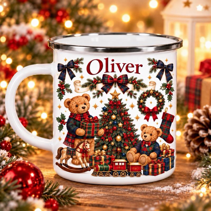 Personalised Vintage Teddy Bear Christmas Enamel Mug Perfect for Daily Use Drinkware Enhance Your Day - available in 2 designs - Me And You You And Me Co 