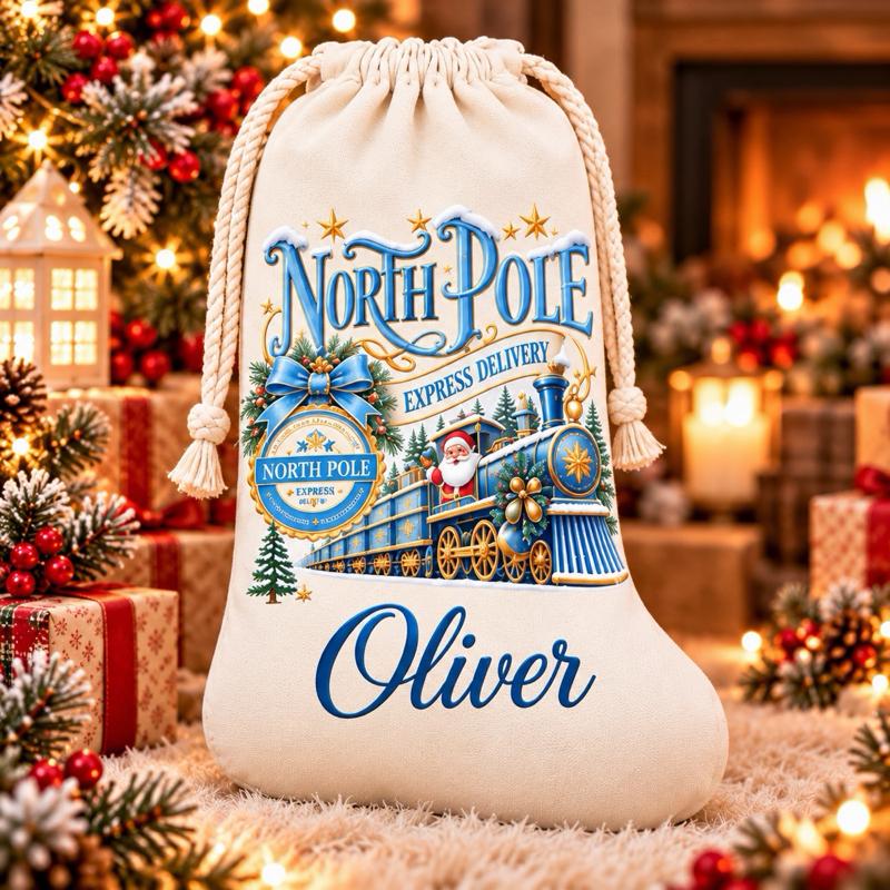 Personalised Christmas North Pole Snow Stockings with - choose pink blue green gold or red design - Me And You You And Me Co 