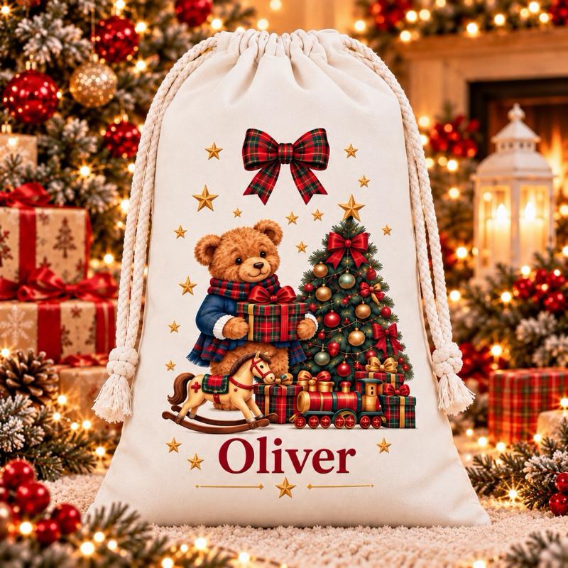 Personalised Vintage Teddy Bear Christmas Sacks 49 x 67cm Choose from 2 Designs boy or girl - Me And You You And Me Co 
