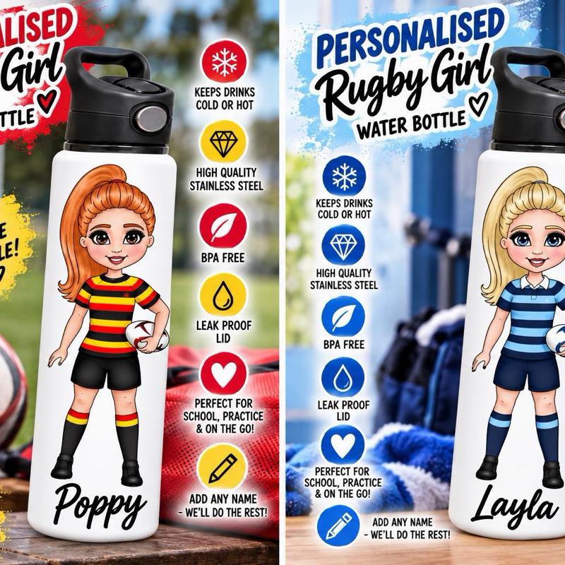 Personalised Rugby Girls Water Bottle - Aluminium, 650ml Capacity - Choose kit colour, Hair, Eye and Skin Details - Drinkware