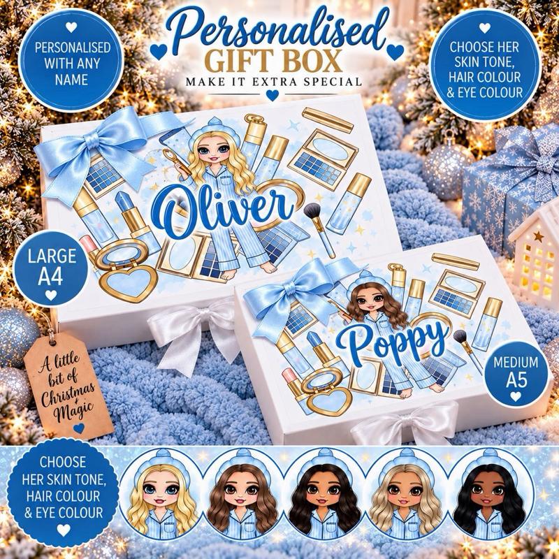 Personalised Blue Make Up Girl Luxury Magnetic Ribbon Gift box - medium and large sizes - choose skin tone, hair and eye colour - Me And You You And Me Co 