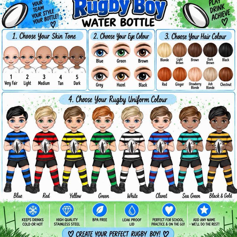 Personalised Rugby Boy Water Bottle - Aluminium, 650ml Capacity - Choose football kit colour, Hair, Eye and Skin Details - Drinkware